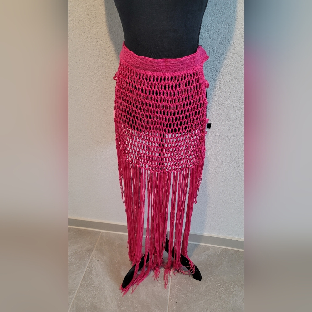 Pink Crochet Fringe Swimsuit Cover up Skirt - Picture 11 of 13